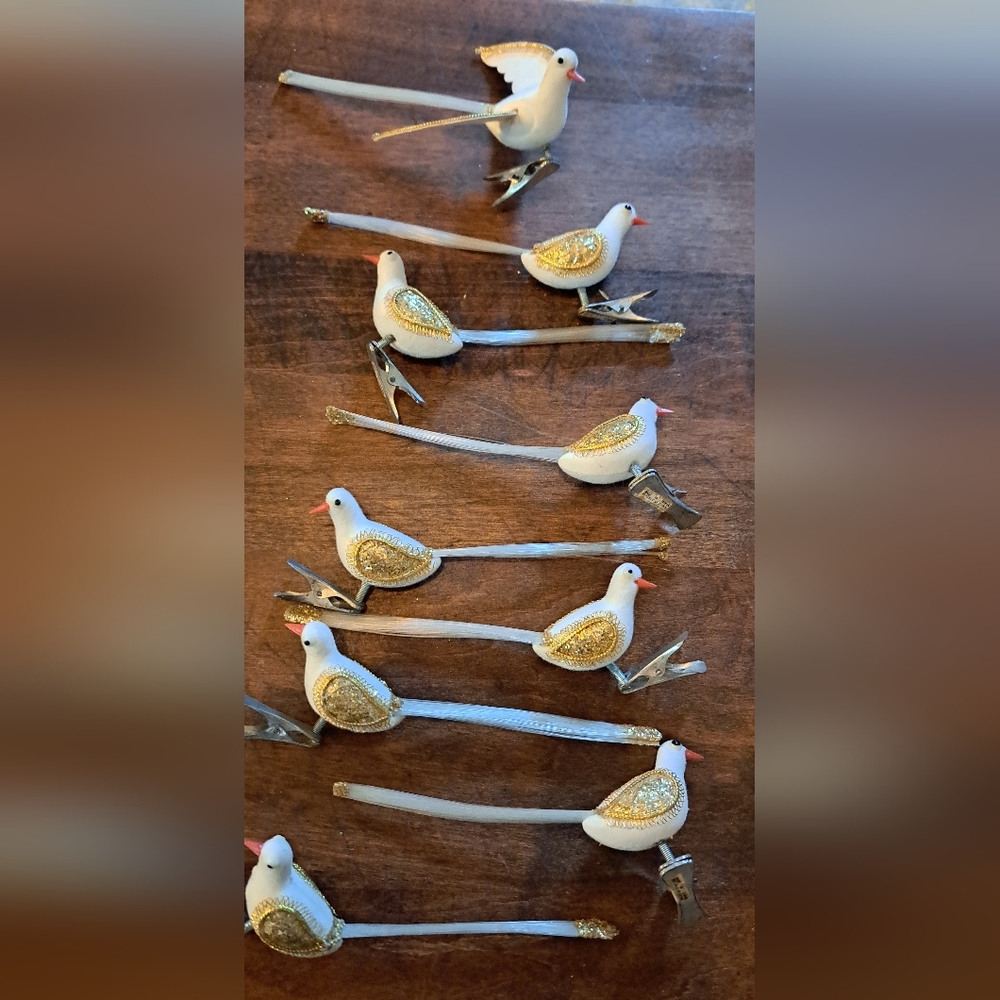 Set Of 9 Flocked Clip On Vintage Birds Christmas